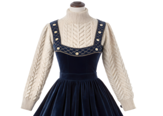 Velvet winter dress bodice with long sleeves, sweater knit overlay isolated on transparent background