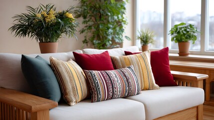 Obraz premium Cozy living room sofa with colorful decorative pillows