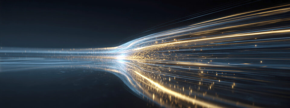 igh-speed digital flow visualization: abstract, streaking light trails in blue and gold representing big data transfer, telecommunication bandwidth, technology, internet speed, and modern connectivity