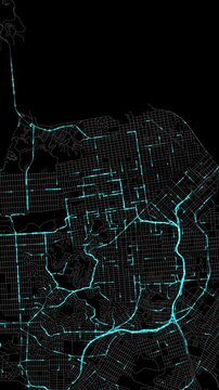 Urban Traffic Flow Map Simulation in San Francisco, California, GPS Smart city route Transportation Portrait