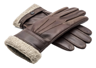 Leather gloves with wool cuff, slightly frost tipped, isolated on transparent background