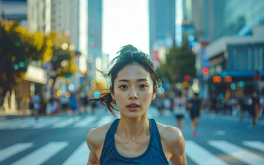 マラソンする女性、汗を流しスポーツする