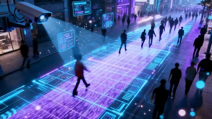 Advanced security system scanning pedestrian movement through high-tech cityscape with interactive digital interface and tracking visualization overlay. - Powered by Adobe