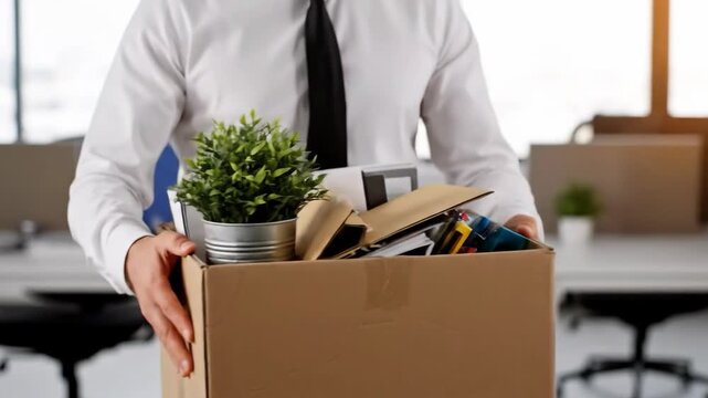 Job Loss Man carries box of belongings after being fired with office background.
