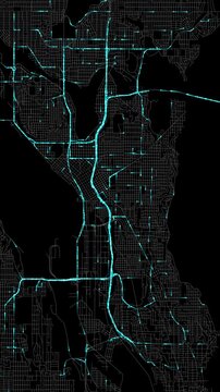 Urban Traffic Flow Map Simulation in Seattle, Washington, GPS Smart city route Transportation Portrait