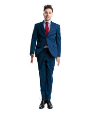 elegant young businessman jumping in the air with arms beside body