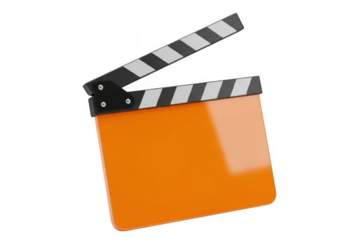 Orange movie clapperboard open isolated on transparent background - Powered by Adobe