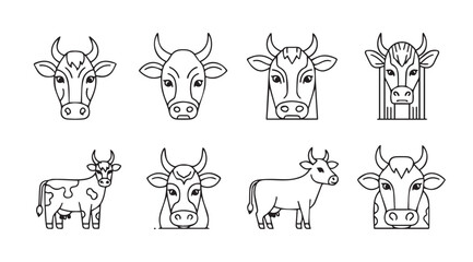 Set of eight cow head and body sketches for farm or livestock themed designs vector