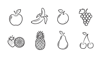 Hand drawn fruit icons set simple sketch apple banana orange grapes pineapple pear cherries vector
