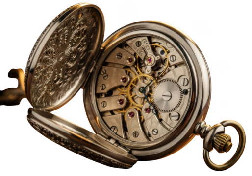 Vintage gold pocket watch mechanism isolated on transparent background