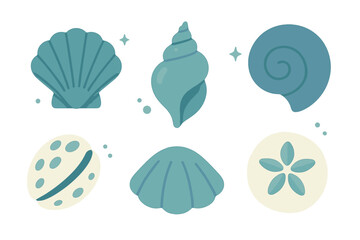 Stylized marine seashells and sand dollar elements in teal and beige colors