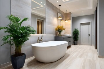 Fototapeta premium Modern bathroom interior design featuring white freestanding bathtub