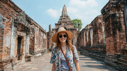 Woman smiles towards camera walking between aged stone temple ruins under a sunny sky