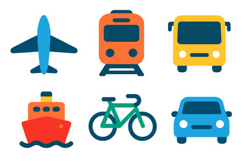 Colorful set of six transportation icons for air rail road and sea travel modes