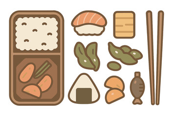 Japanese bento box lunch components set with sushi onigiri edamame and chopsticks