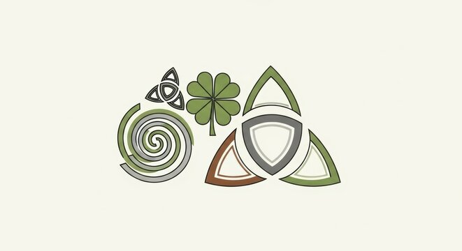 Decorative Celtic symbols including a shamrock and knots representing Irish heritage and ancient culture