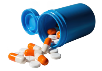Pills spilling from blue container isolated on transparent background