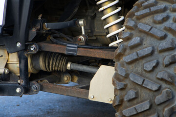 Close-up of ATV or UTV Off-Road Tire, Suspension, and Axle Components