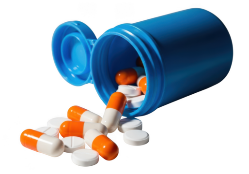 Pills spilling from blue container isolated on transparent background