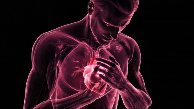 A translucent anatomical man in pain clutching at his see-through chest, having a heart attack