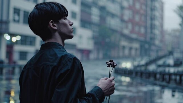 Homme tenant une fleur sous la pluie dans une ville silencieuse