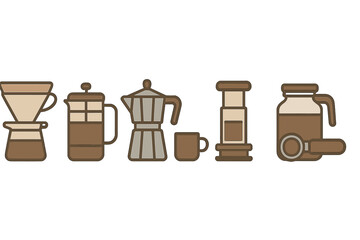 Set of various coffee brewing methods including French press Moka pot and pour over devices