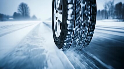 Car tire with snow on icy road on cold winter day. Winter driving concept with vehicle wheel on frozen surface footage. - Powered by Adobe