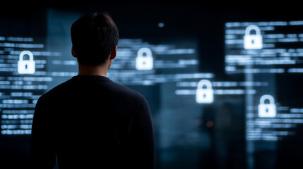 Silhouette of a person standing in front of cascading lines of code and glowing padlocks projected on a dark wall, symbolizing online security concept, hacker defense, encryption, and the unseen