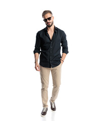 Fototapeta premium sexy bearded man with sunglasses walking with hand in pockets
