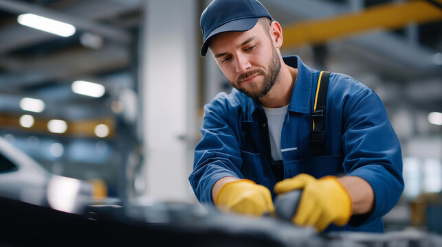 Mechanics using pneumatic tools to assemble or disassemble vehicle components showcase efficiency, industrial-grade equipment, technical skill, and modern workshop practices. three-quarter wide