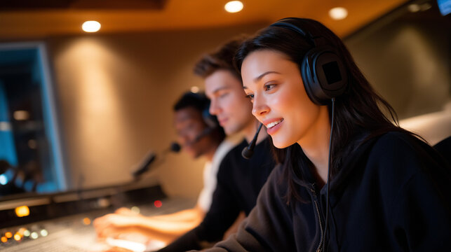 Voice actors record lines inside a sound booth while engineers monitor frequencies through glowing equipment, symbolizing behind the scenes audio creation, character development, and storytelling - Powered by Adobe