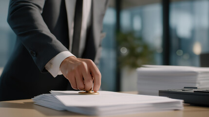 Hands pressing an official seal onto a stack of documents after a thorough review, highlighting audit confirmation, authoritative verification of accuracy, compliance approval, and the weight of