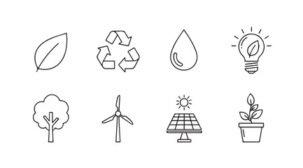 Hand drawn icons representing ecology sustainability renewable energy and nature symbols vector