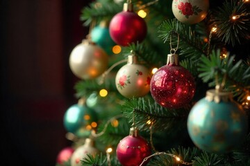 Naklejka premium Nostalgic Christmas Decorations A vintage Christmas tree decorated with antique glass ornaments, tinsel, and warm, twinkling incandescent fairy lights. The scene should evoke a nostalgic and cozy