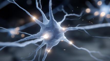 3D digital neural network with radiant nodes exchanging data streams, representing advanced AI processing, machine learning computation, futuristic data analysis, and complex artificial
