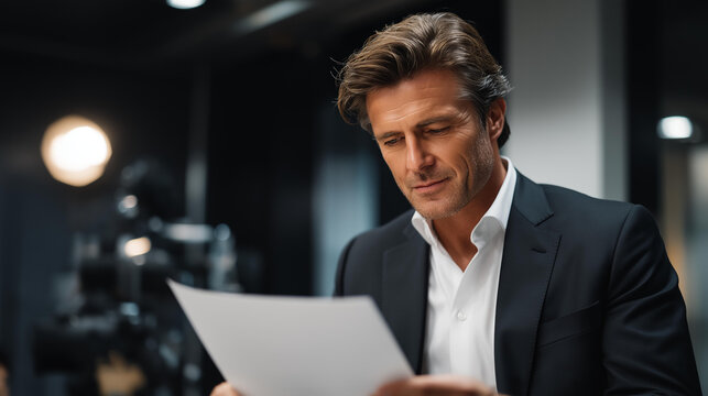 An actor performs a cold read in a casting studio, with a script handed moments ago, a camera zooming in, a director nodding, and a clock ticking down, shown in a tense photo with paper creases, - Powered by Adobe