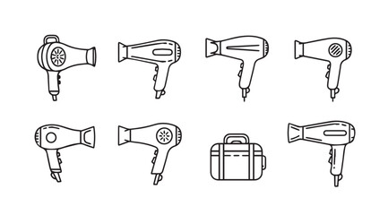 Collection of diverse hand drawn hair dryer icons and a beauty case for styling vector