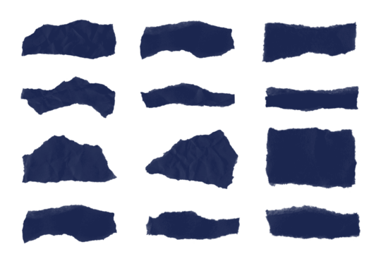 Torn navy blue paper pieces set isolated on transparent background, ripped edges paper collage texture, scrap paper collection for design and decoration projects