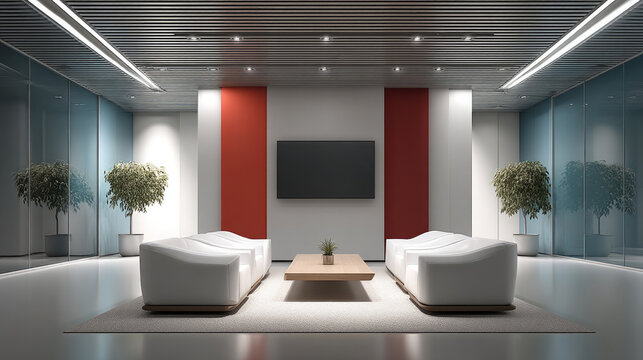 Modern simple bright meeting room with white sofa, wooden table, glass wall, indoor plant, and minimalist decor, calm atmosphere