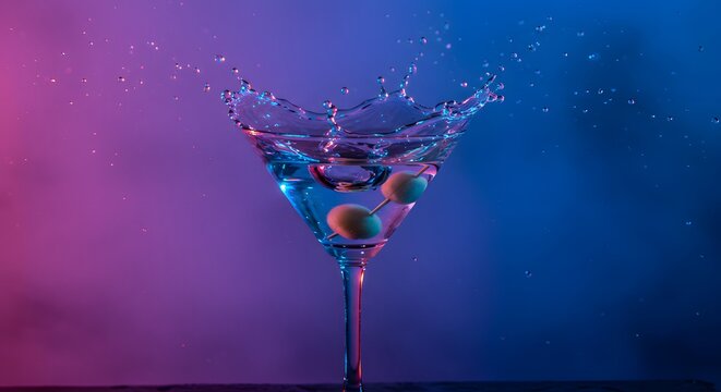 A martini glass filled with liquid olives and a splash under pink and blue lighting