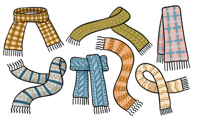 Hand drawn warm knitted scarfs collection. Vector doodle warm clothes elements set.