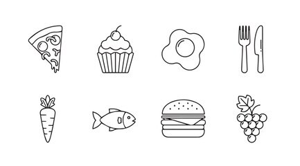 Set of hand drawn food icons featuring pizza cupcake fried egg utensils carrot fish burger grapes vector