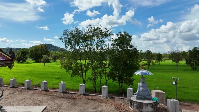 The series of images showcases a scenic outdoor landscape dominated by lush green fields, scattered trees, and rolling hills under a bright, partly cloudy sky