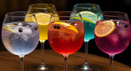 Five colorful cocktails in wine glasses adorned with fruit slices and berries arranged on a wooden surface