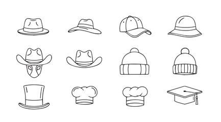Collection of hand drawn sketch style hats and headwear accessories for fashion and costume design vector