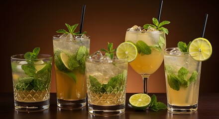 Five cocktails mojitos or similar drinks ice mint and lime lined up against a blurred brown background on a dark brown surface