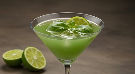 Green drink in a clear martini glass lime slices basil garnish  ice cubes sit on a wooden surface