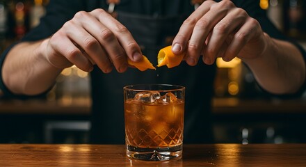 Hands squeeze citrus over a cocktail in a cut glass on a wood bar with blurred background