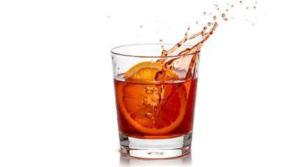Orange beverage splashes in a clear glass with fruit slices inside against a white background