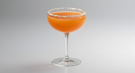 Orange cocktail with salted rim in a clear stemmed glass on a gradient gray background